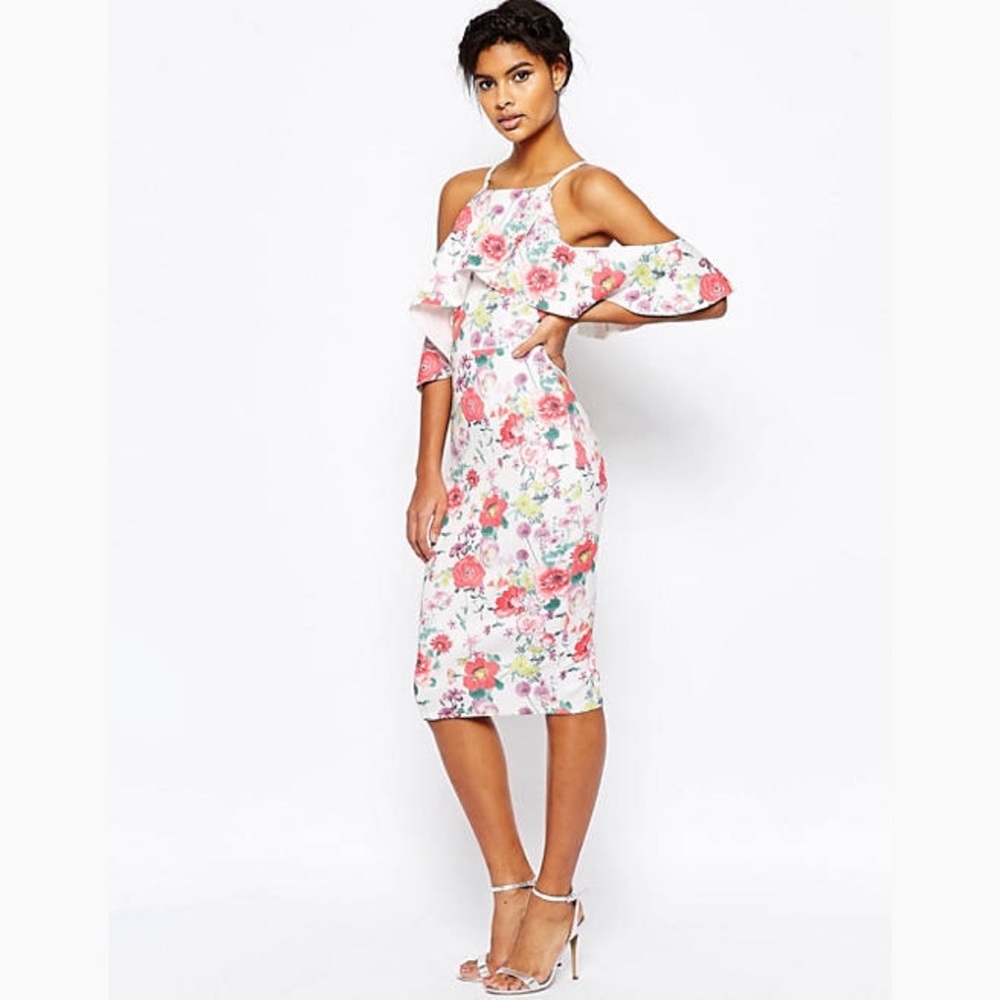 ASOS high neck cold shoulder floral scuba dress